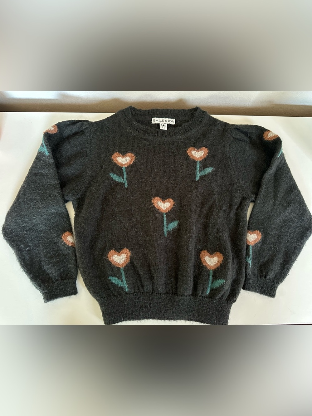 Emile et Ida Black Heart Flower Knit Sweater 6yrs Alpaca blend